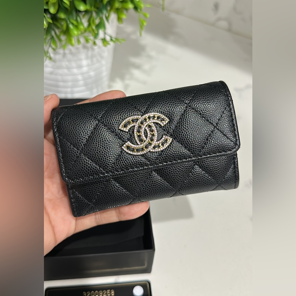 CHANEL Black Caviar Quilted Wallet with Crystal Logo